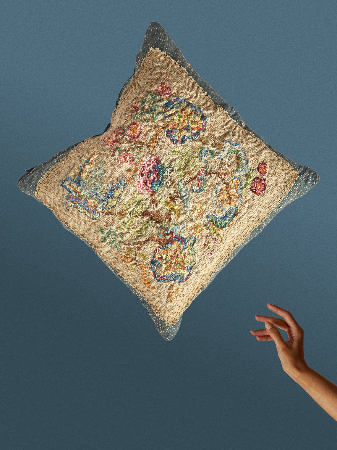 By Walid - 19th-Century Victorian Needlepoint Wool and Linen Cushion (17.5in/45cm) - Multiple - ABASK