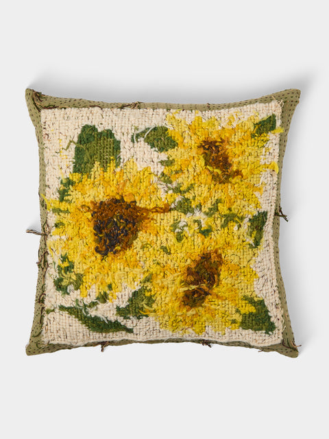 By Walid - 1920s French Needlepoint Wool and Ticking Fabric Cushion (18.5in/47cm) - Multiple - ABASK - 