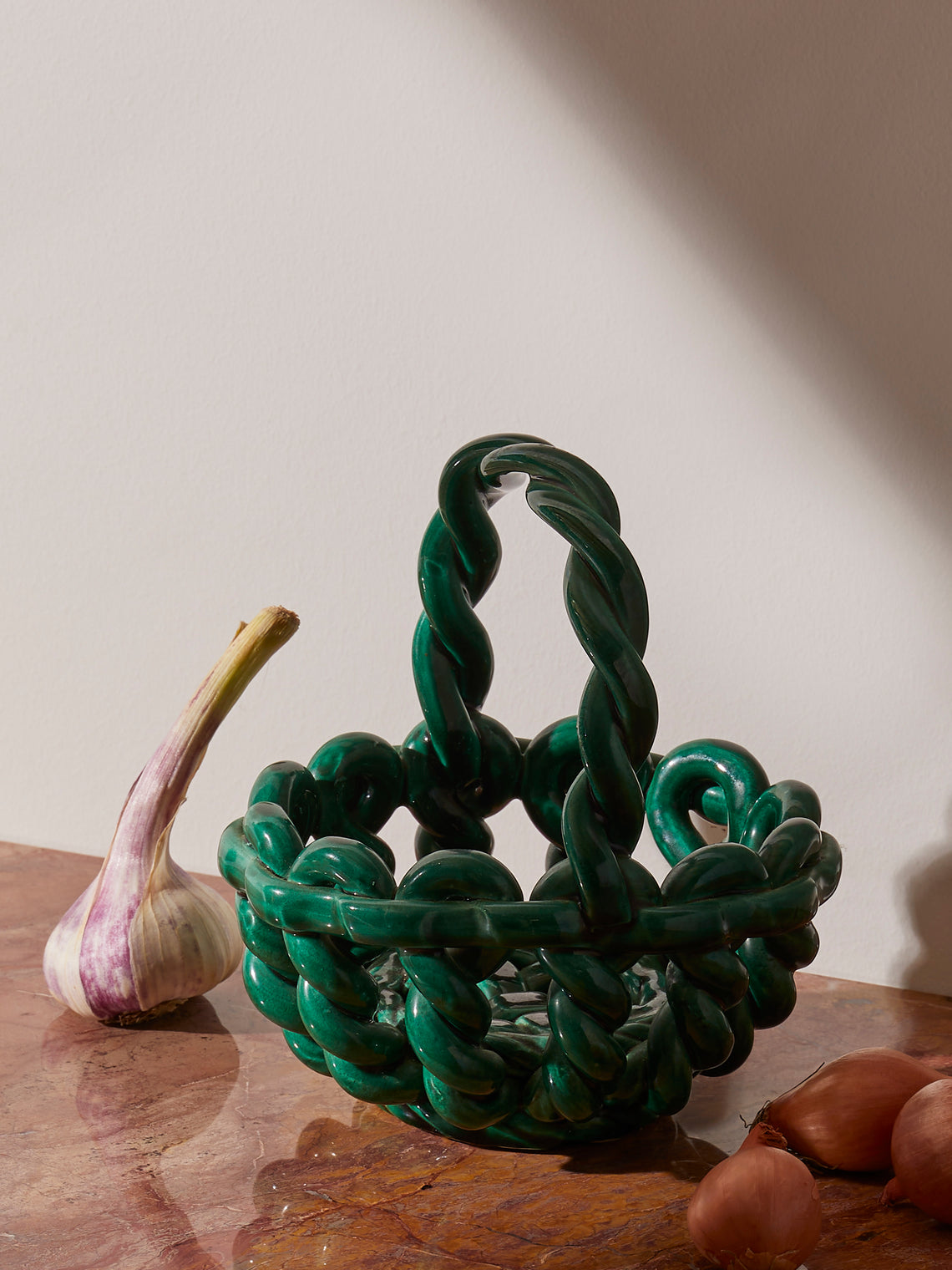 Antique and Vintage - Mid-Century Woven Ceramic Basket - Green - ABASK