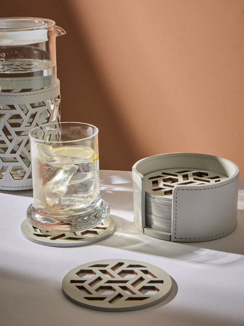 RUDI - | Set of 12 | Acquerello Leather Coasters with Holder - White - ABASK