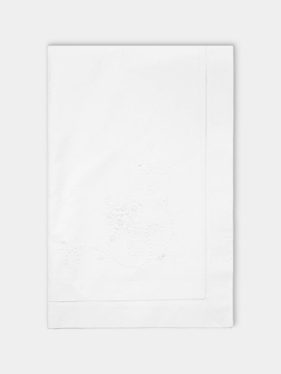 Rolande du Dreuilh Créations - Bouton Hand-Embroidered Cotton Oblong Tablecloth (122in/3.1m) - White - ABASK - 