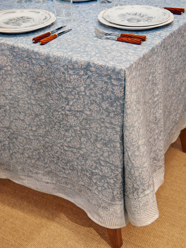 Chamois - Margerita Block-Printed Linen Large Rectangular Tablecloth - Gray - ABASK