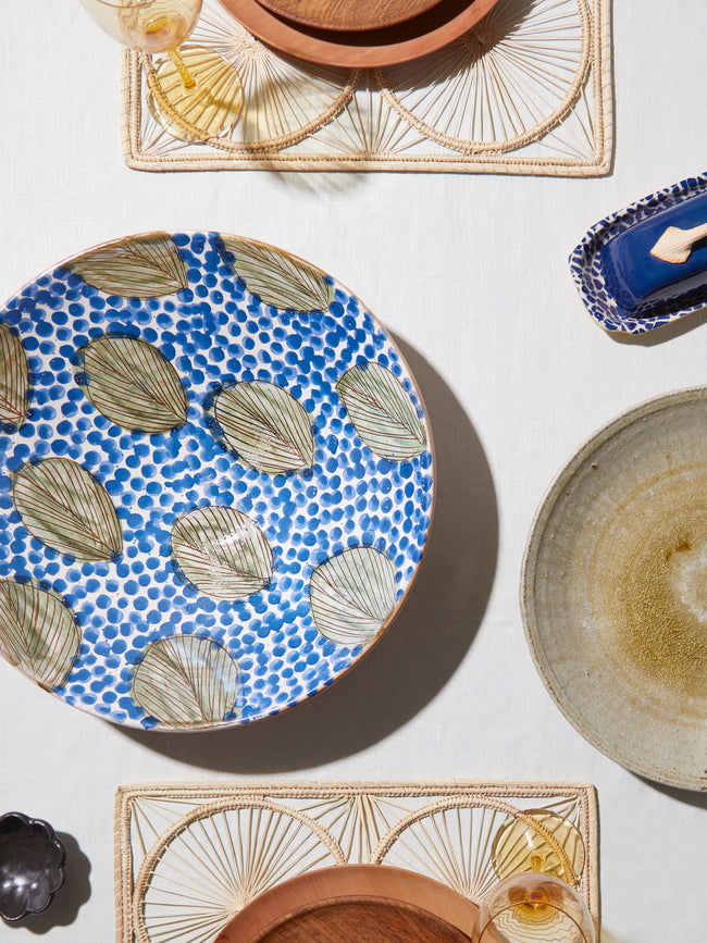 Malaika - Leaves Hand-Painted Ceramic Serving Bowl - Blue - ABASK