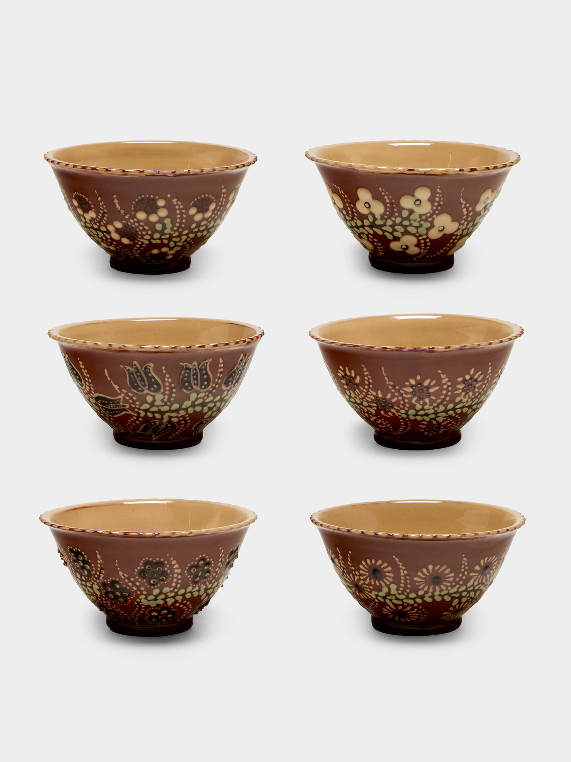 Poterie d’Évires - Flowers Hand-Painted Ceramic Petite Fluted Bowls (Set of 6) - Light brown - ABASK