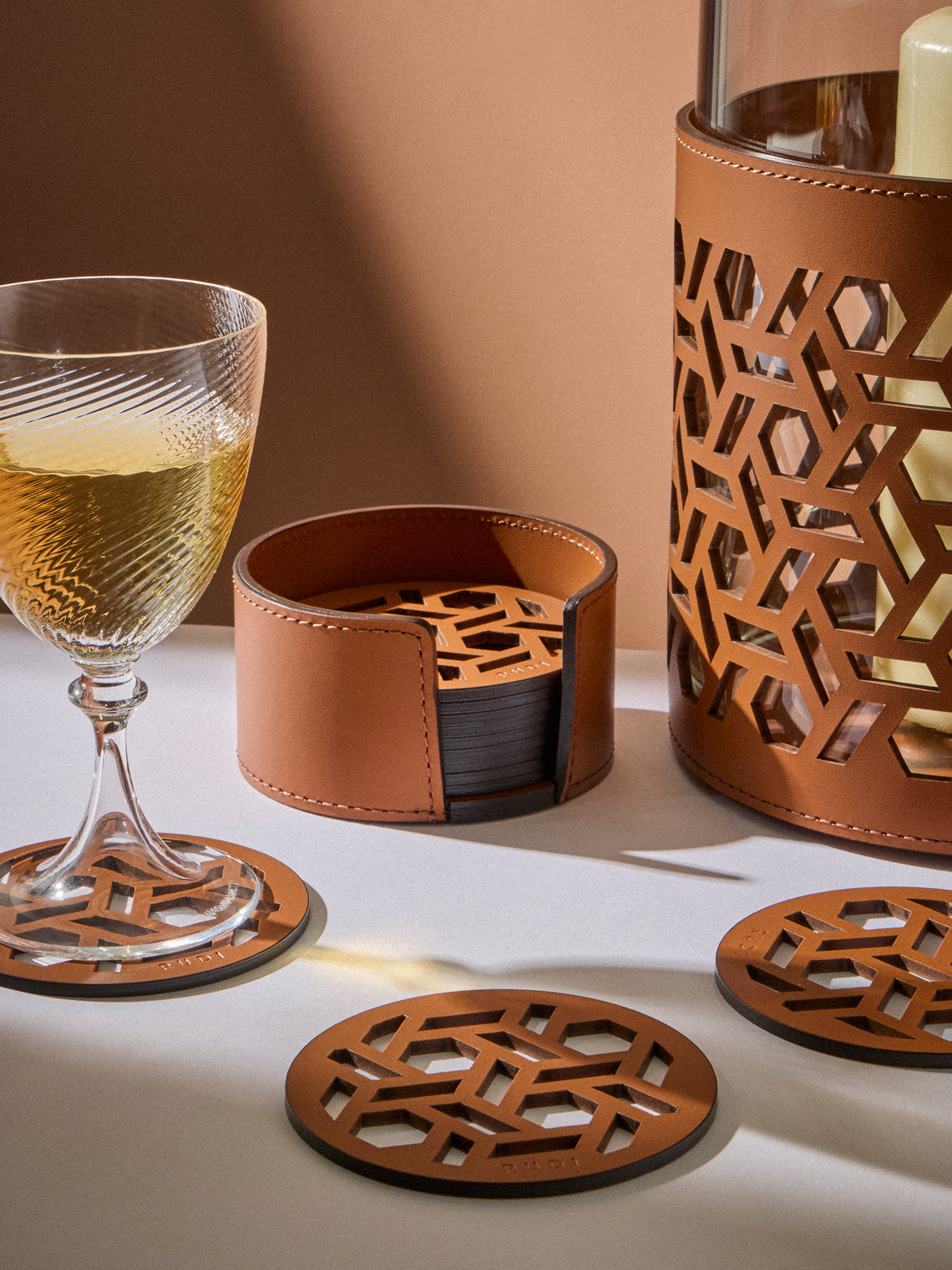 RUDI - | Set of 12 | Acquerello Leather Coasters with Holder - Tan - ABASK