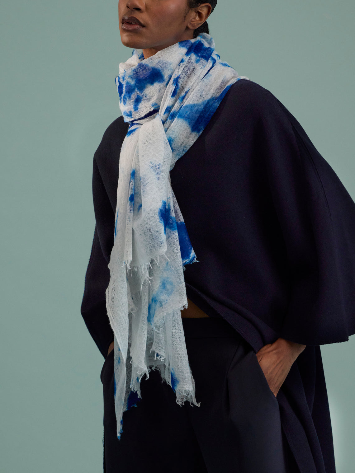 Suzusan - Shibori Cashmere Featherweight Shawl | One Size - Blue - ABASK