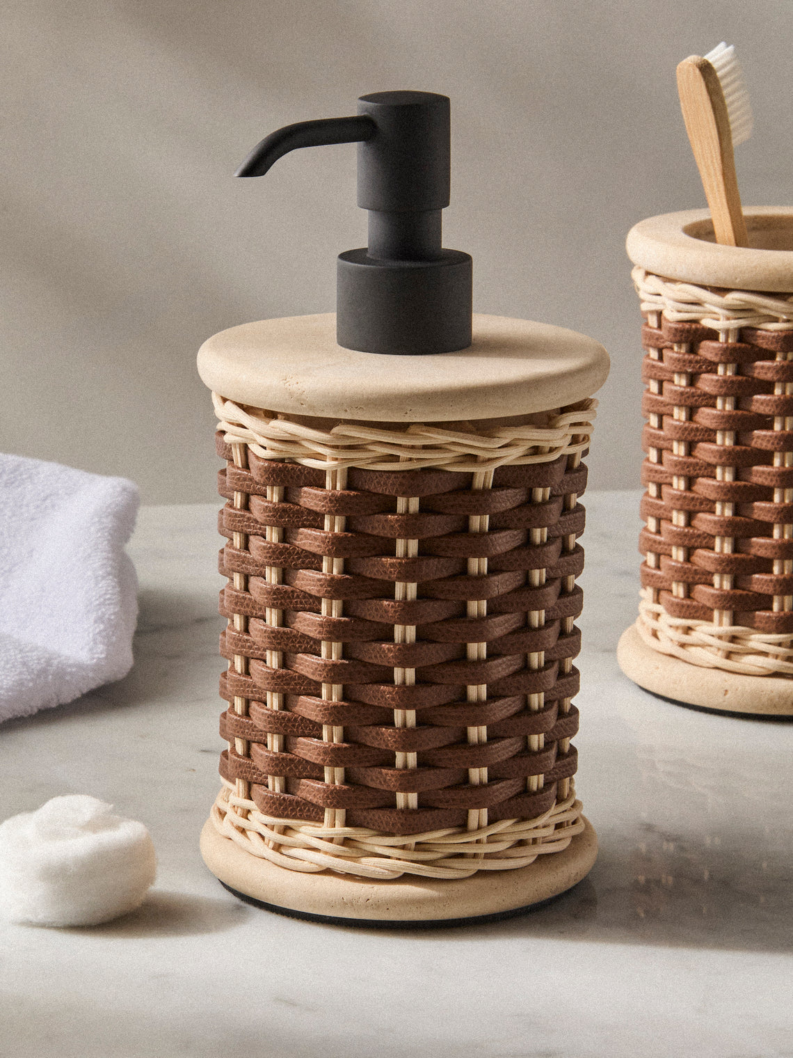 Pigment France - Courbet Leather and Rattan Soap Dispenser - Brown - ABASK