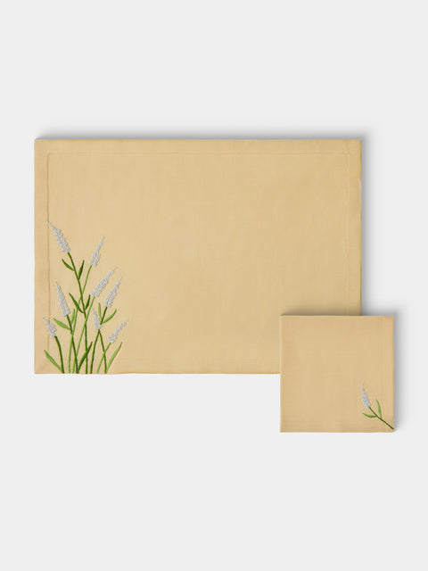 Taf Firenze - | Set of 6 | Floral Hand-Embroidered Linen Placemats and Napkins - Yellow - ABASK - 