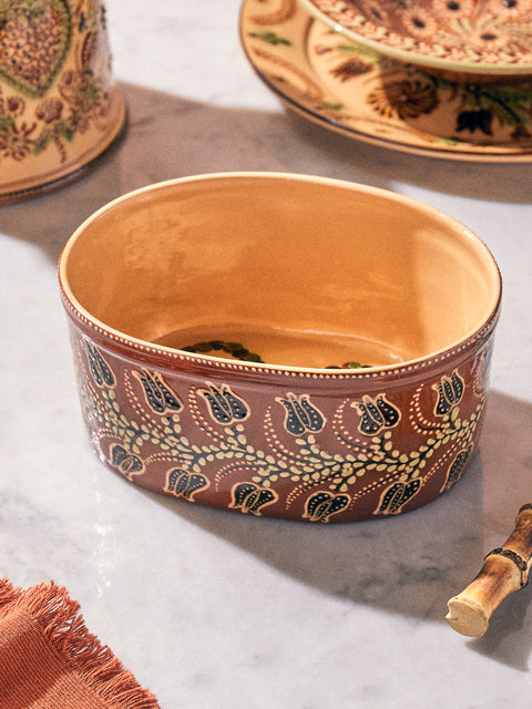 Poterie d’Évires - Flowers Hand-Painted Ceramic Oval Serving Dish - Light brown - ABASK