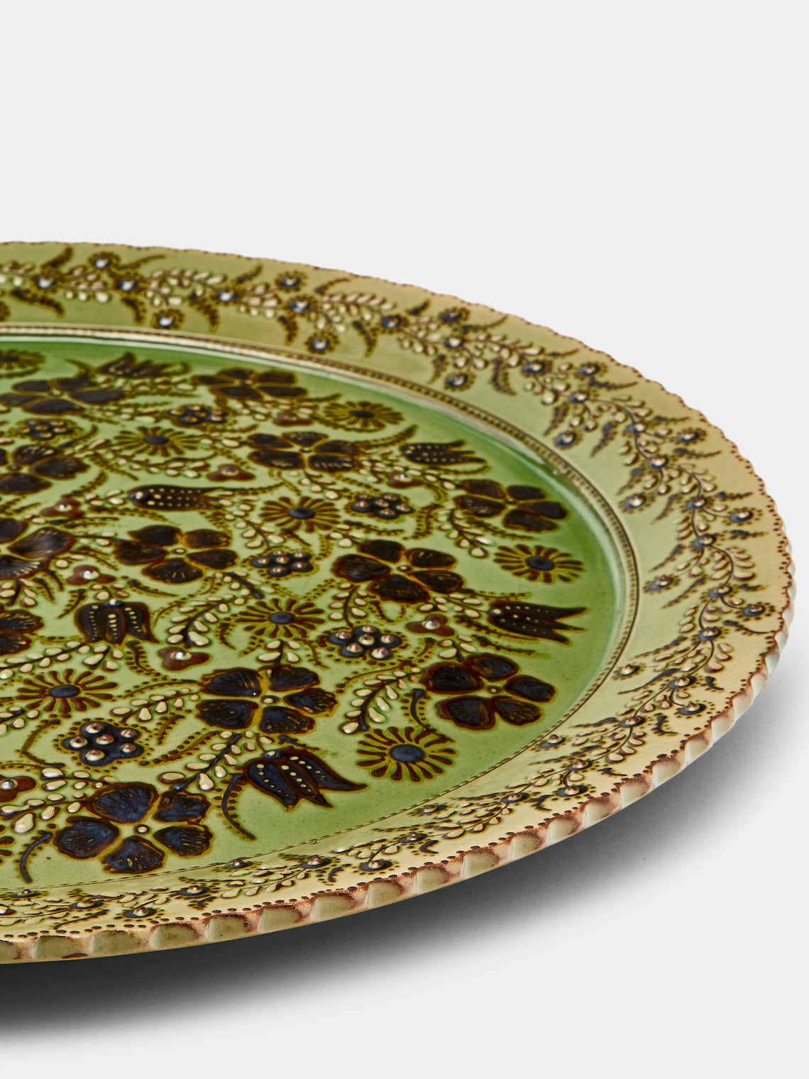 Poterie d’Évires - Flowers Hand-Painted Ceramic Large Round Platter - Green - ABASK