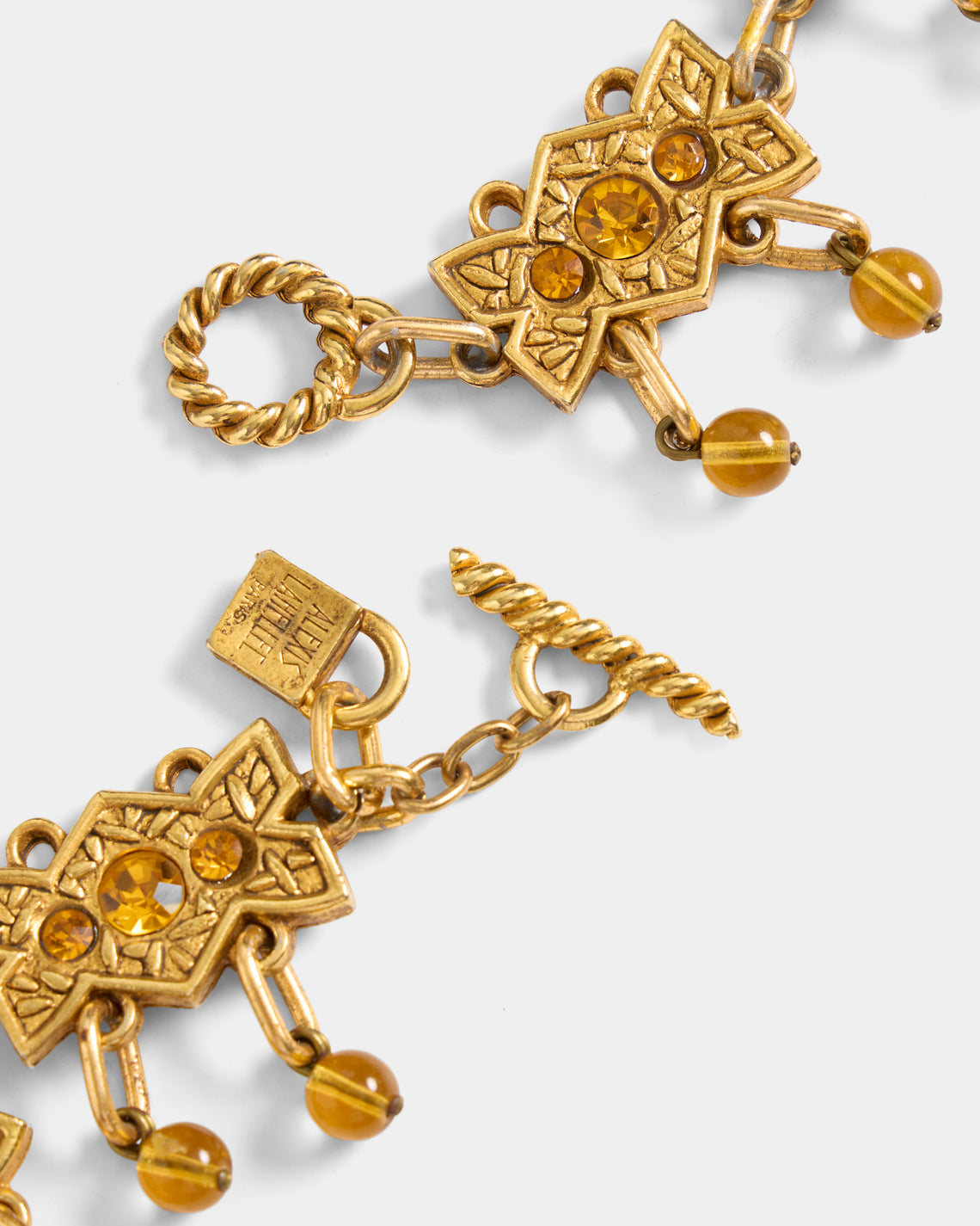 Mahnaz Collection - Women's Vintage 1980 Alexis Lahellec Gilt Metal, Resin and Amber Necklace - Gold - ABASK