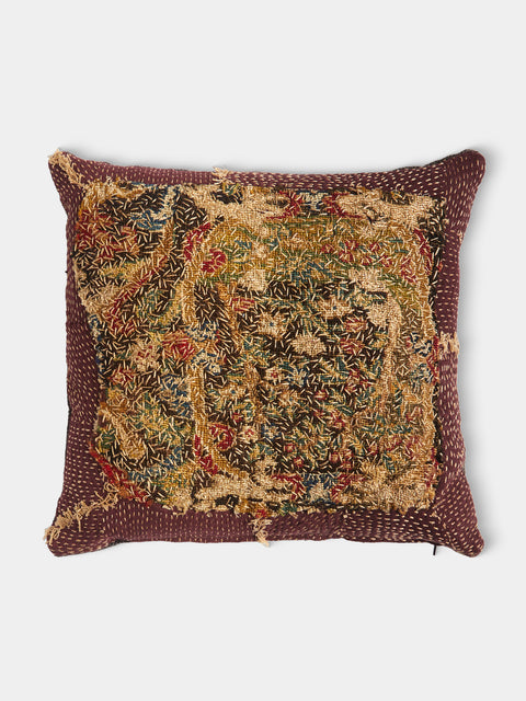 By Walid - 17th-Century English Needlepoint and Linen Cushion (17.5in/45cm) - Burgundy - ABASK - 