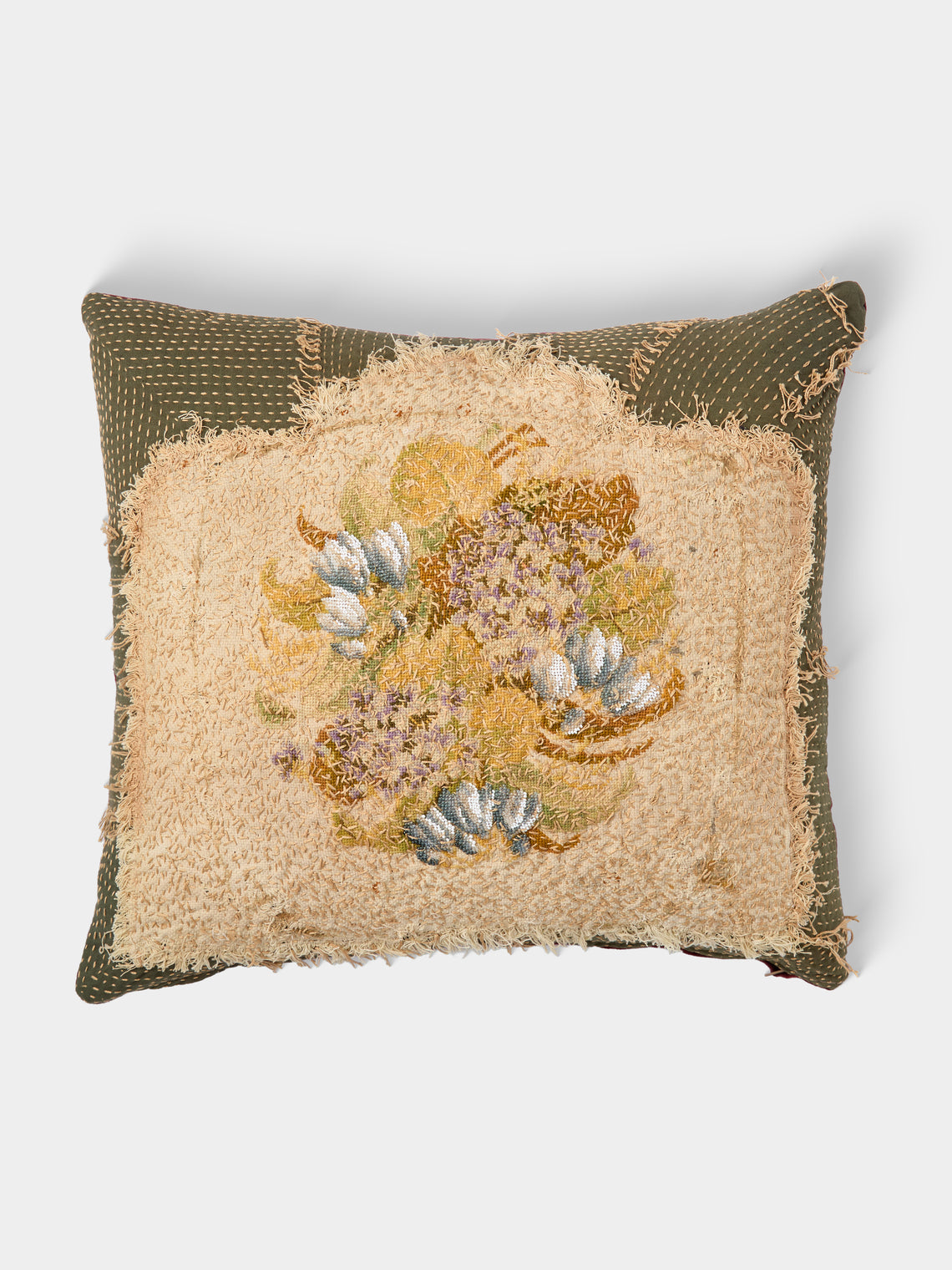 By Walid - 19th-Century Victorian Wool and Glass Beaded Embroidery Damask Cushion (21in/53cm) - Multiple - ABASK - 