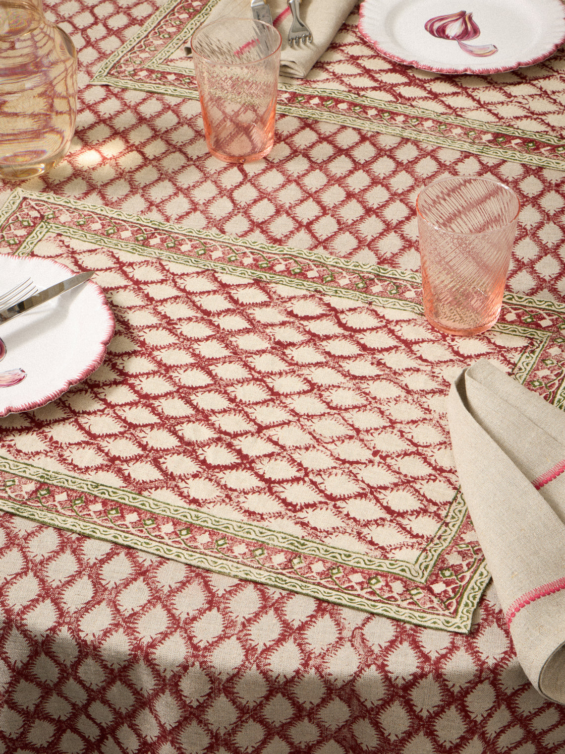 Chamois - | Set of 2 | Cypress Block-Printed Linen Placemats - Multiple - ABASK