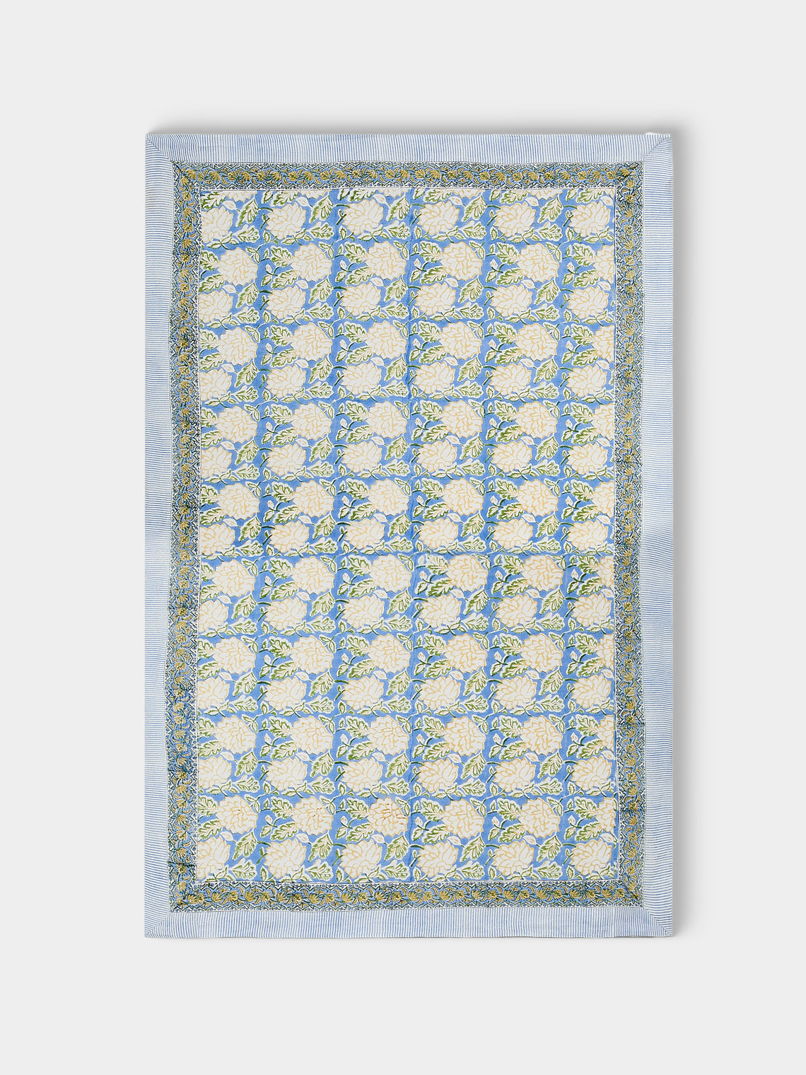 Chamois - Dahlia Block-Printed Linen Rectangular Tablecloth (106.5in/2.7m) - Blue - ABASK - 