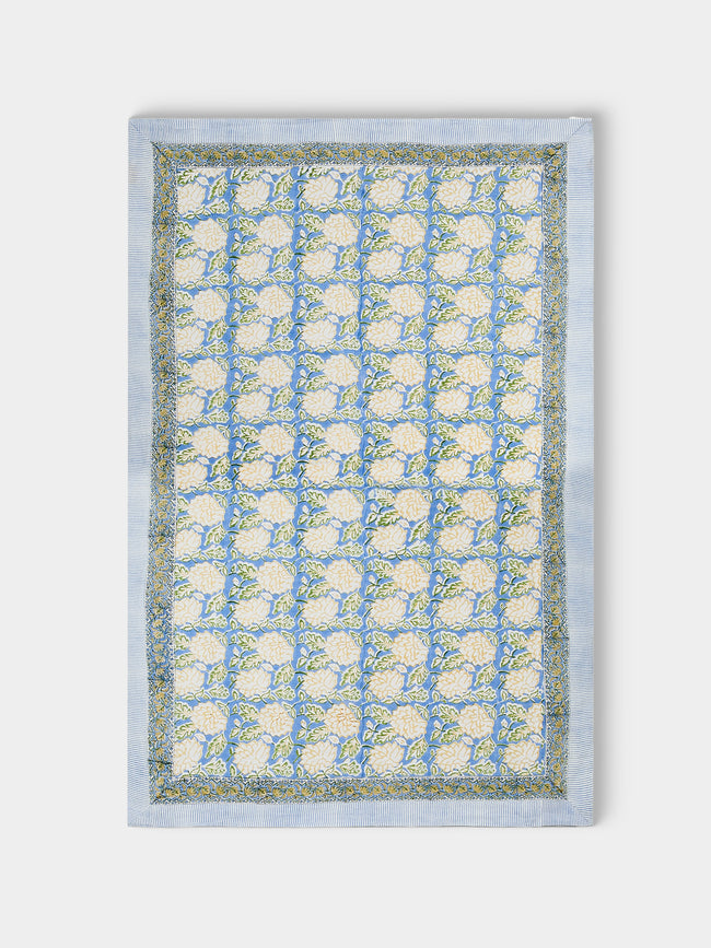 Chamois - Dahlia Block-Printed Linen Rectangular Tablecloth (106.5in/2.7m) - Blue - ABASK - 