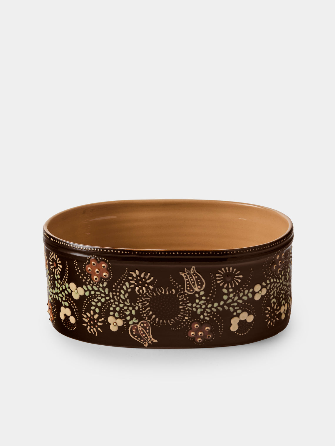 Poterie d’Évires - Flowers Hand-Painted Ceramic Oval Dish - Dark Brown - ABASK - 