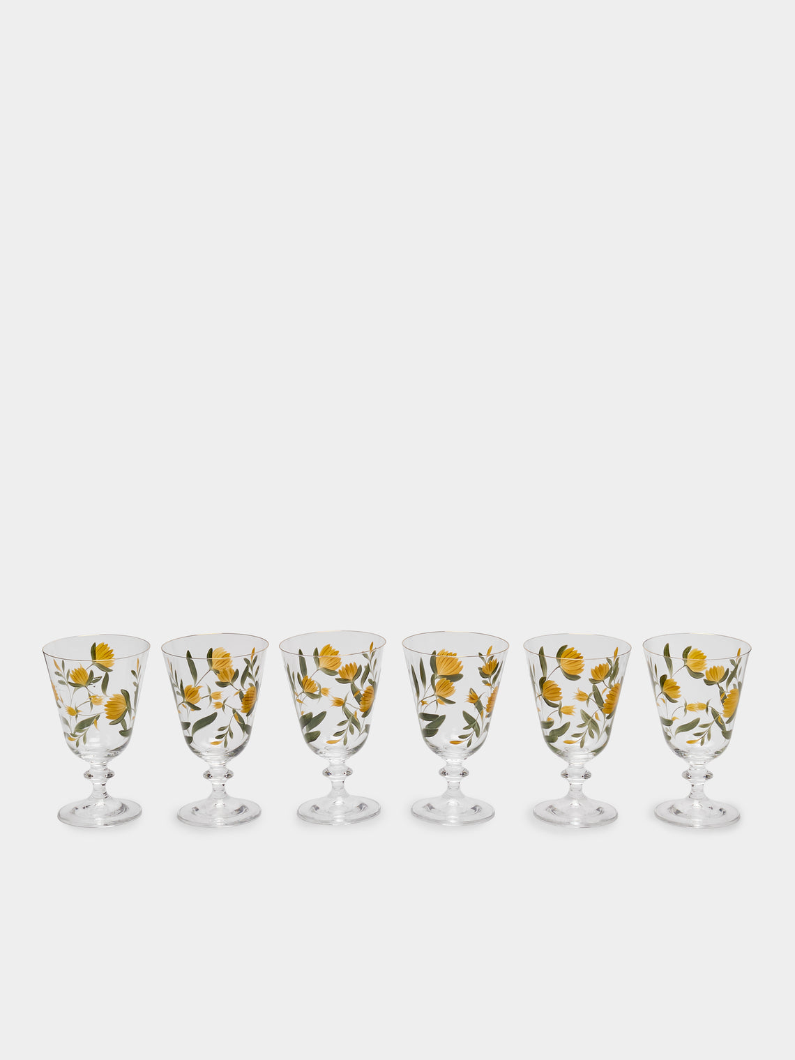 Los Vasos de Agua Clara - Jaipur Hand-Painted Crystal Stemmed Glasses (Set of 6) - Yellow - ABASK