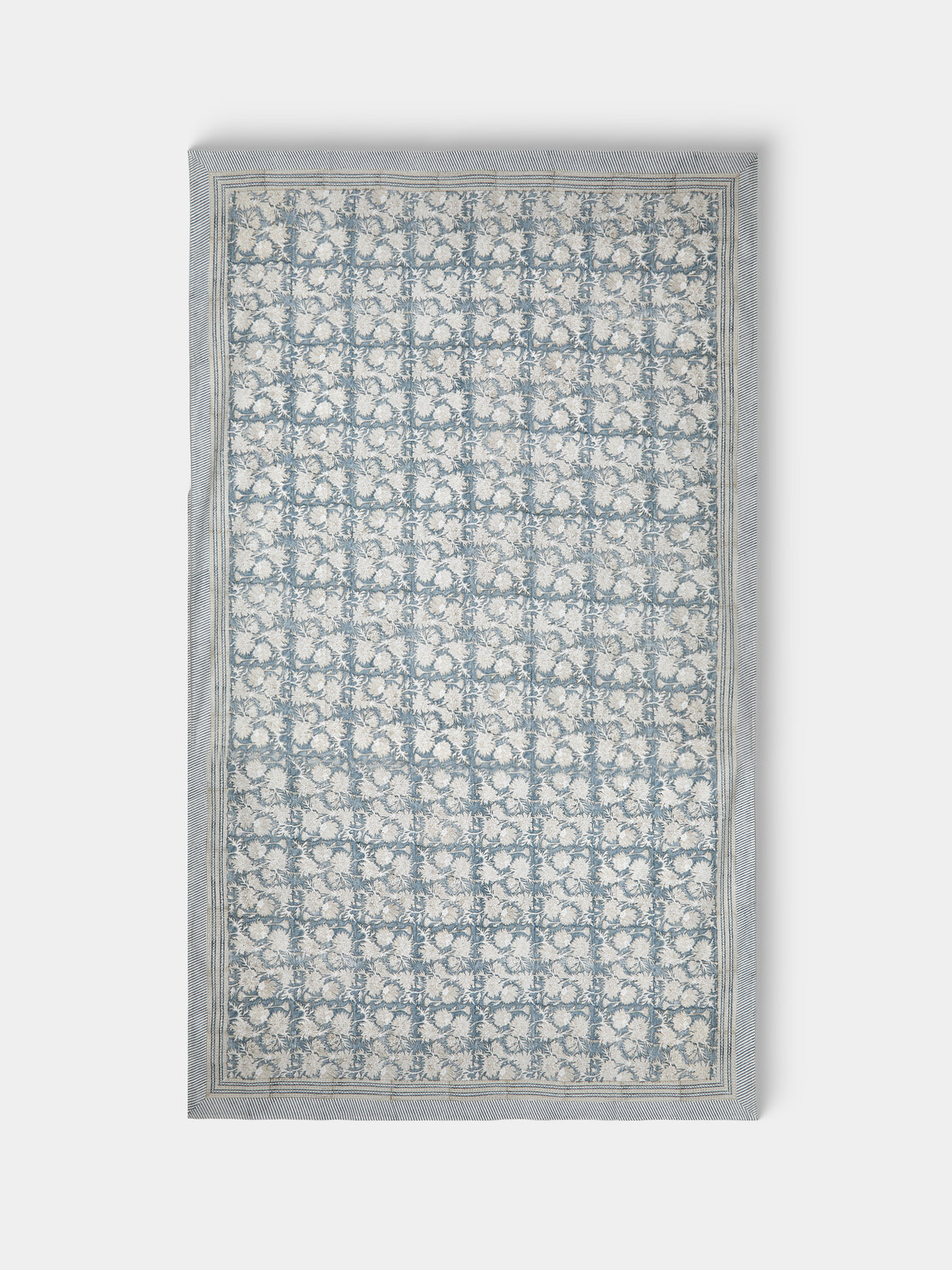 Chamois - Waterlily Block-Printed Cotton Rectangular Tablecloth (106.5in/2.7m) - Blue - ABASK