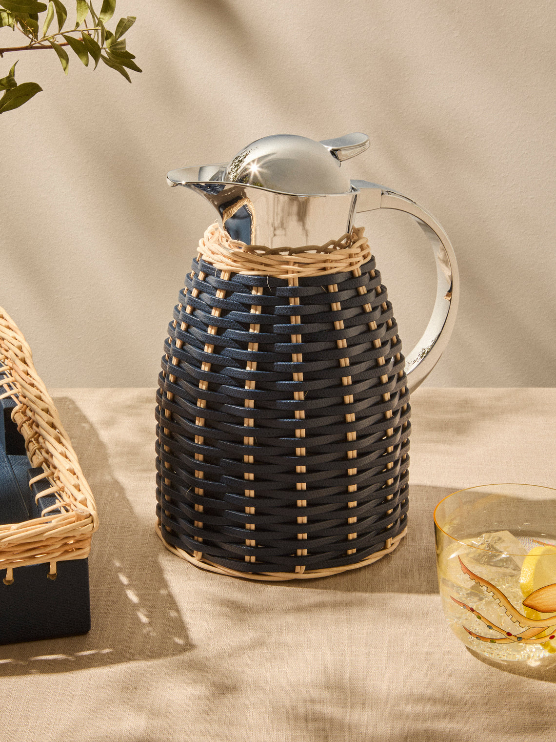 Pigment France - Chantilly Leather and Rattan Carafe (42oz/1.2L) - Blue - ABASK