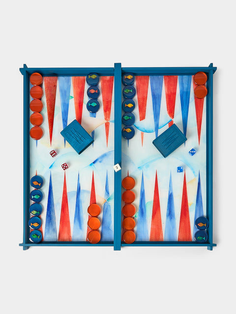Valeria Molinari - Water Hand-Painted Watercolor Wood Backgammon Set - Blue - ABASK - 