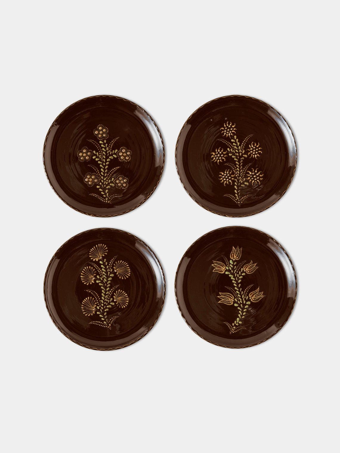 Poterie d’Évires - Flowers Hand-Painted Ceramic Dinner Plates – 9.5in/24cm (Set of 4) - Dark Brown - ABASK - 