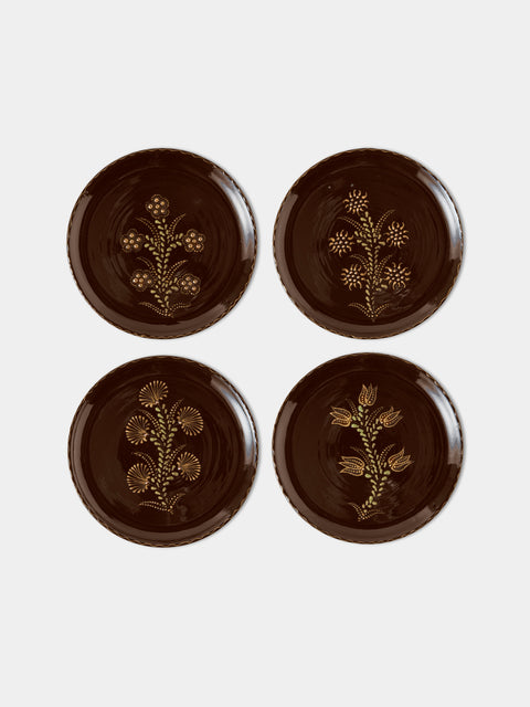 Poterie d’Évires - Flowers Hand-Painted Ceramic Dinner Plates – 9.5in/24cm (Set of 4) - Dark Brown - ABASK - 