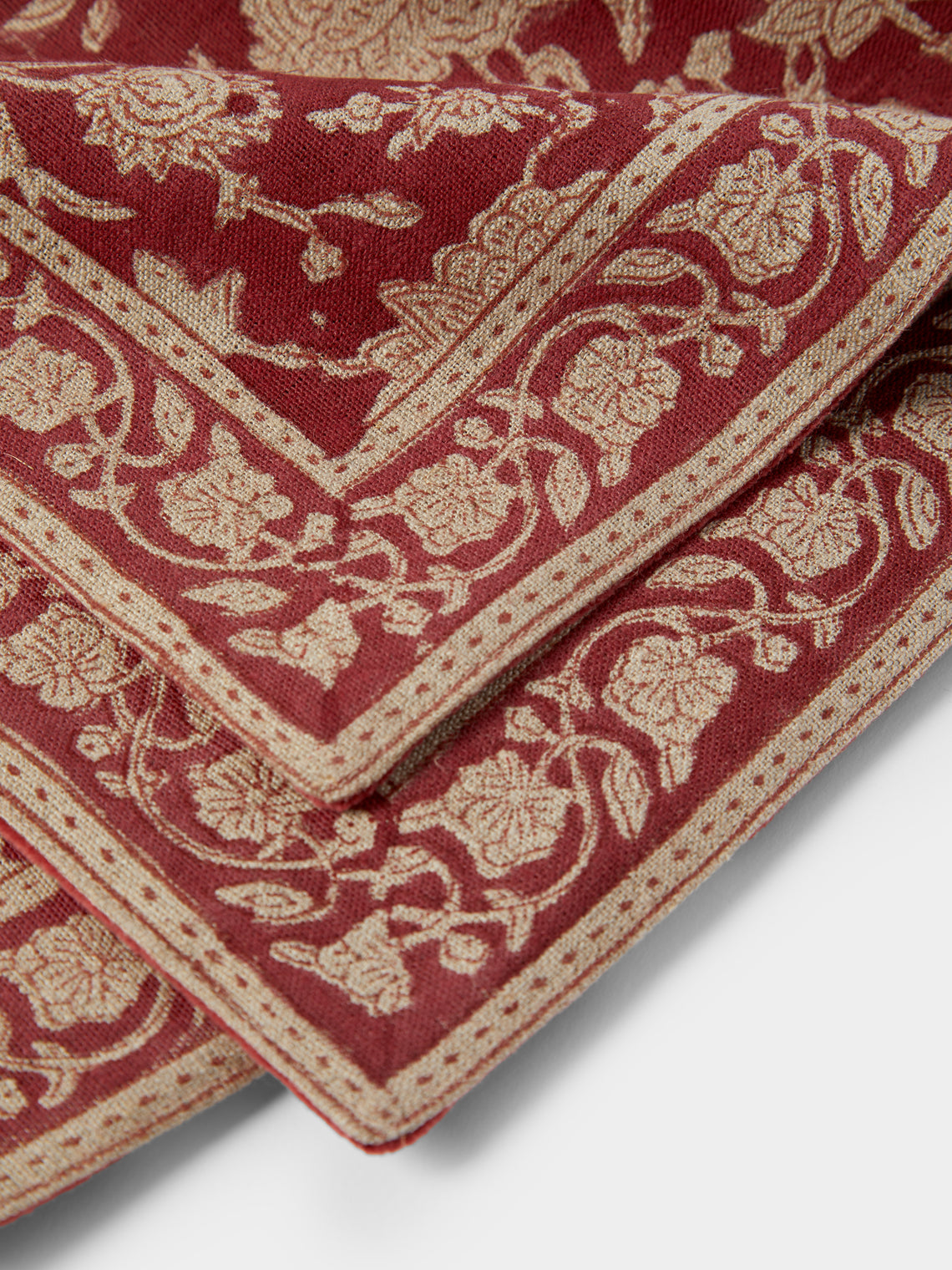 Chamois - | Set of 4 | Indian Rose Block-Printed Linen Placemats - Red - ABASK