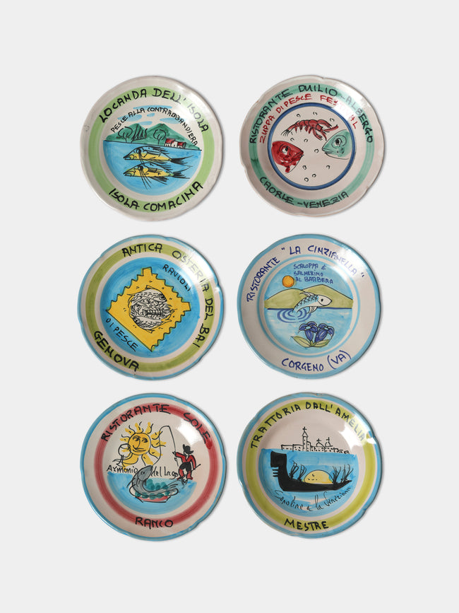 Antique and Vintage - Late-20th-Century Buon Ricordo Hand-Painted Ceramic Dinner Plates – 9in/23cm (Set of 6) - Multiple - ABASK - 