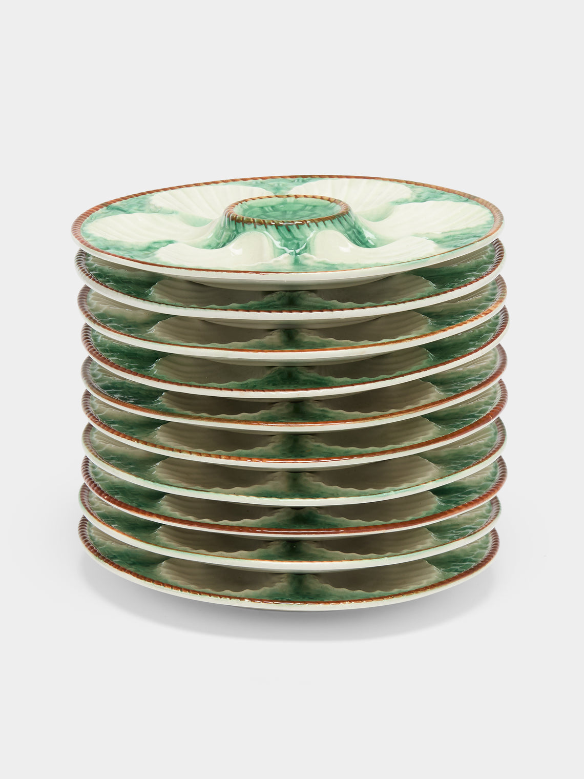 Antique and Vintage - 1950s Ceramic Oyster Plates – 9.5in/24cm (Set of 10) - Green - ABASK - 