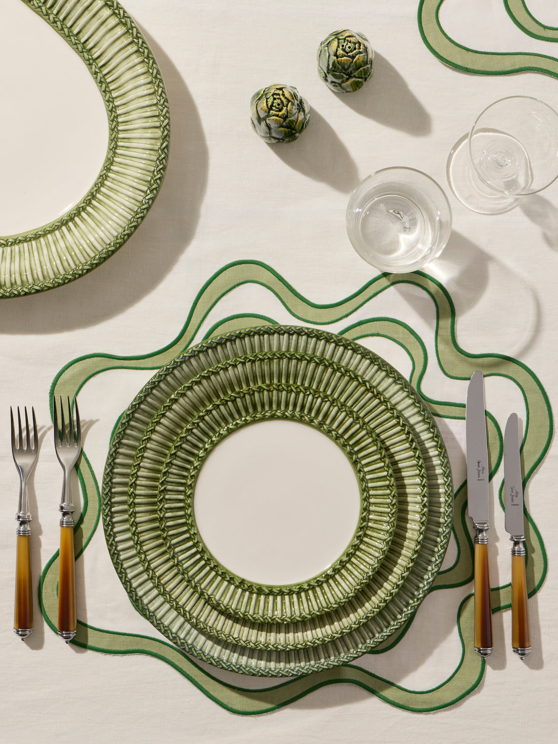 Tessalume Ceramiche - | Set of 4 | Wicker Hand-Painted Ceramic Dessert Plates - Light Green - ABASK