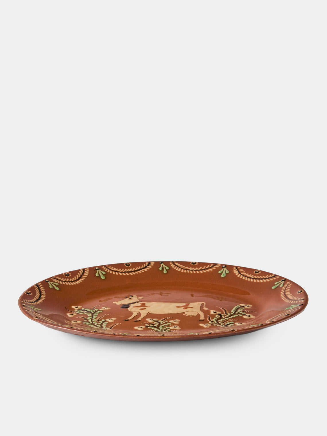 Poterie d’Évires - Cows Hand-Painted Ceramic Oval Platter - Light Brown - ABASK