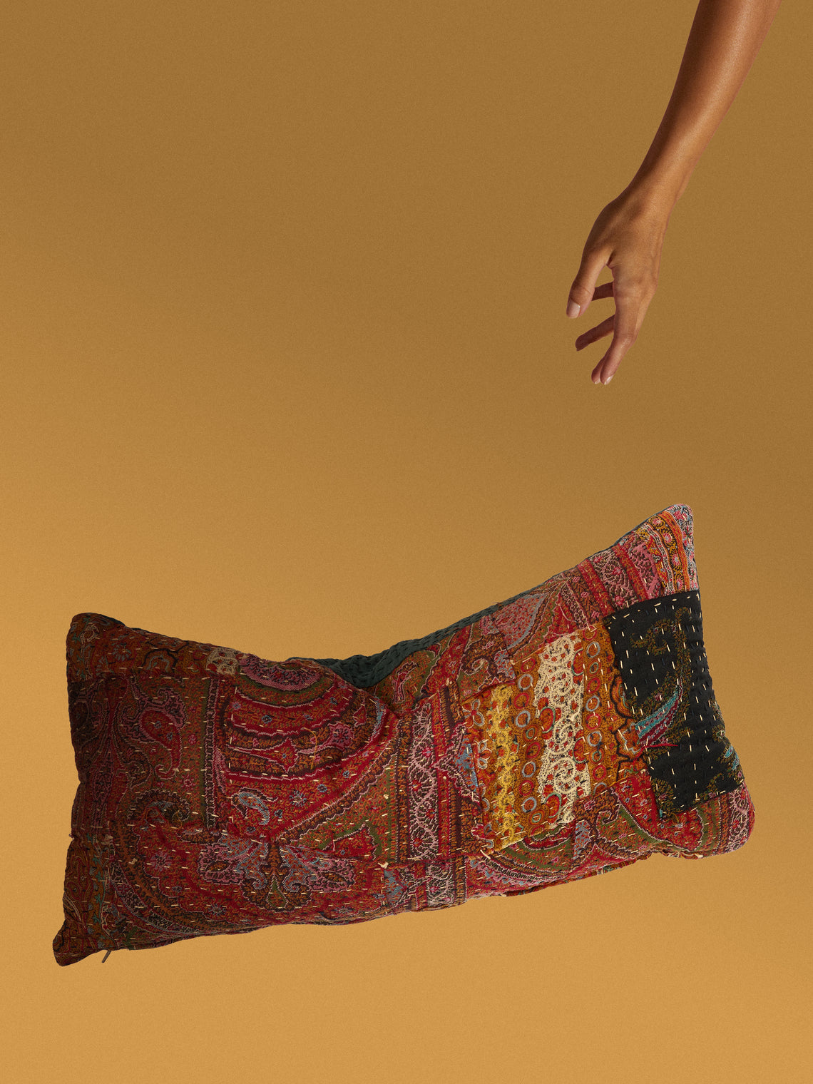 By Walid - 19th-Century Paisley Patchwork Wool and Linen Cushion (20.5in/52cm) - Multiple - ABASK