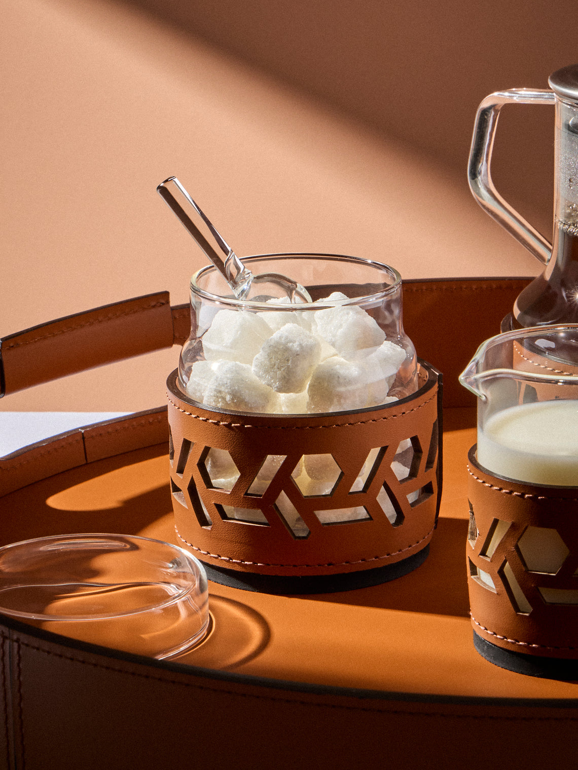 RUDI - Fiordaliso Glass and Leather Sugar Bowl with Spoon - Brown - ABASK