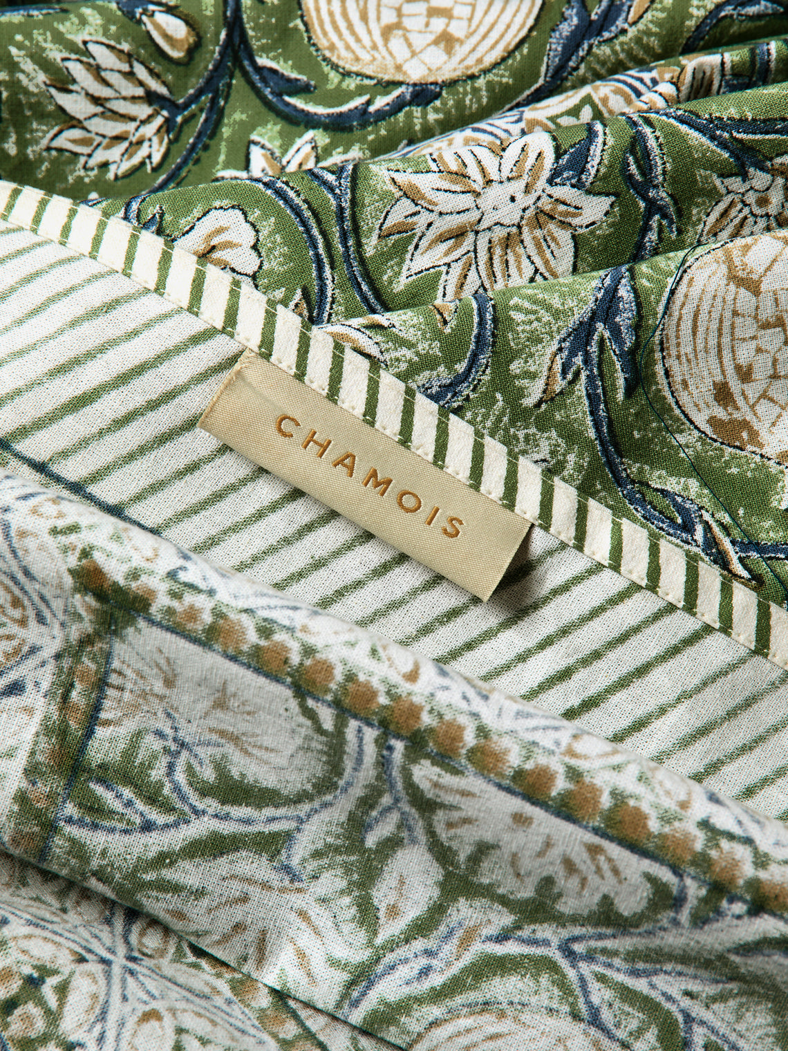 Chamois - Tangier Pomegranate Block-Printed Cotton Rectangular Tablecloth (90.5in/2.3m) - Green - ABASK