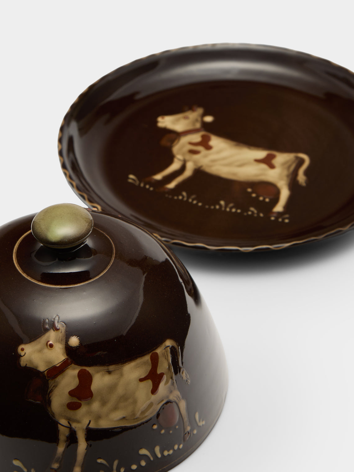 Poterie d’Évires - Cows Hand-Painted Ceramic Large Lidded Butter Dish - Dark brown - ABASK