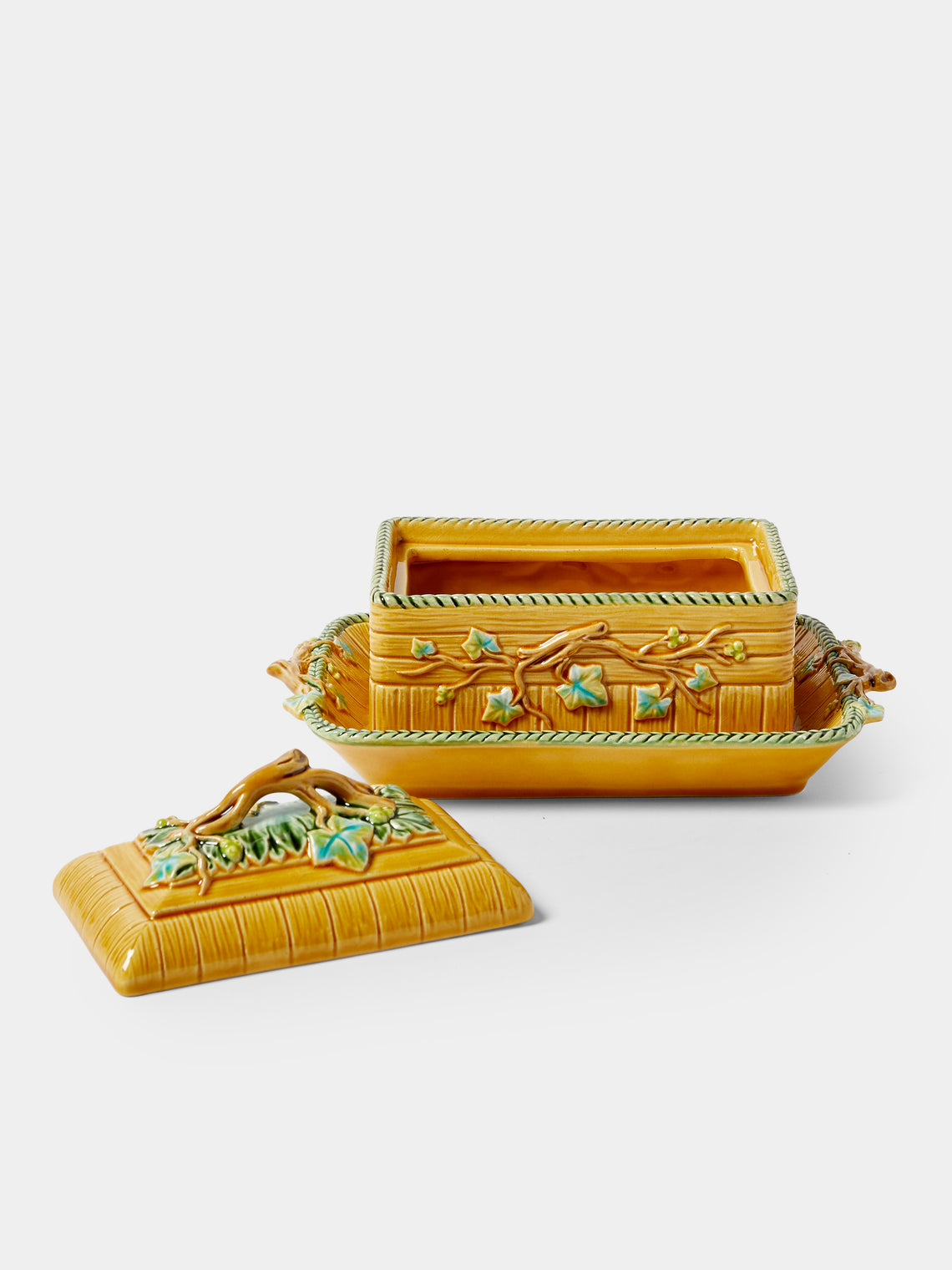 Verdolini - Branches Hand-Painted Majolica Ceramic Box with Stand - Yellow - ABASK