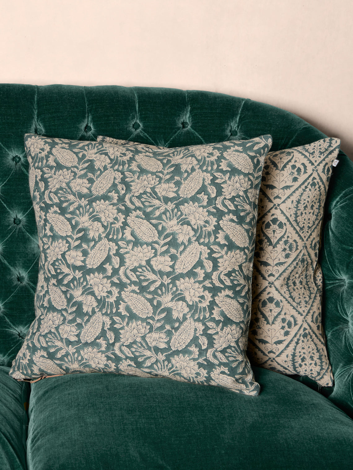 Chamois - Block-Printed Linen Cushions – 19.5in/50cm (Set of 2) - Blue - ABASK