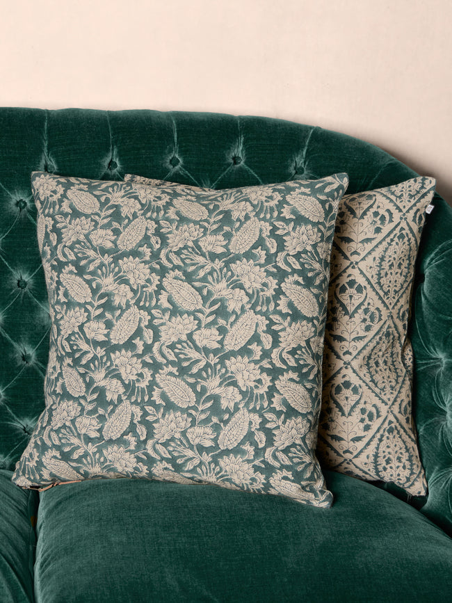 Chamois - Block-Printed Linen Cushions – 19.5in/50cm (Set of 2) - Blue - ABASK
