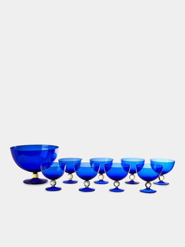 Antique and Vintage - 1950s Bohemian Glass Punch Bowl and Glasses (Set of 9) - Blue - ABASK - 