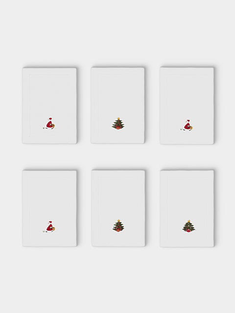 ERI Textiles - | Set of 6 | Santa Claus Hand-Embroidered Linen Cocktail Napkins - White - ABASK - 