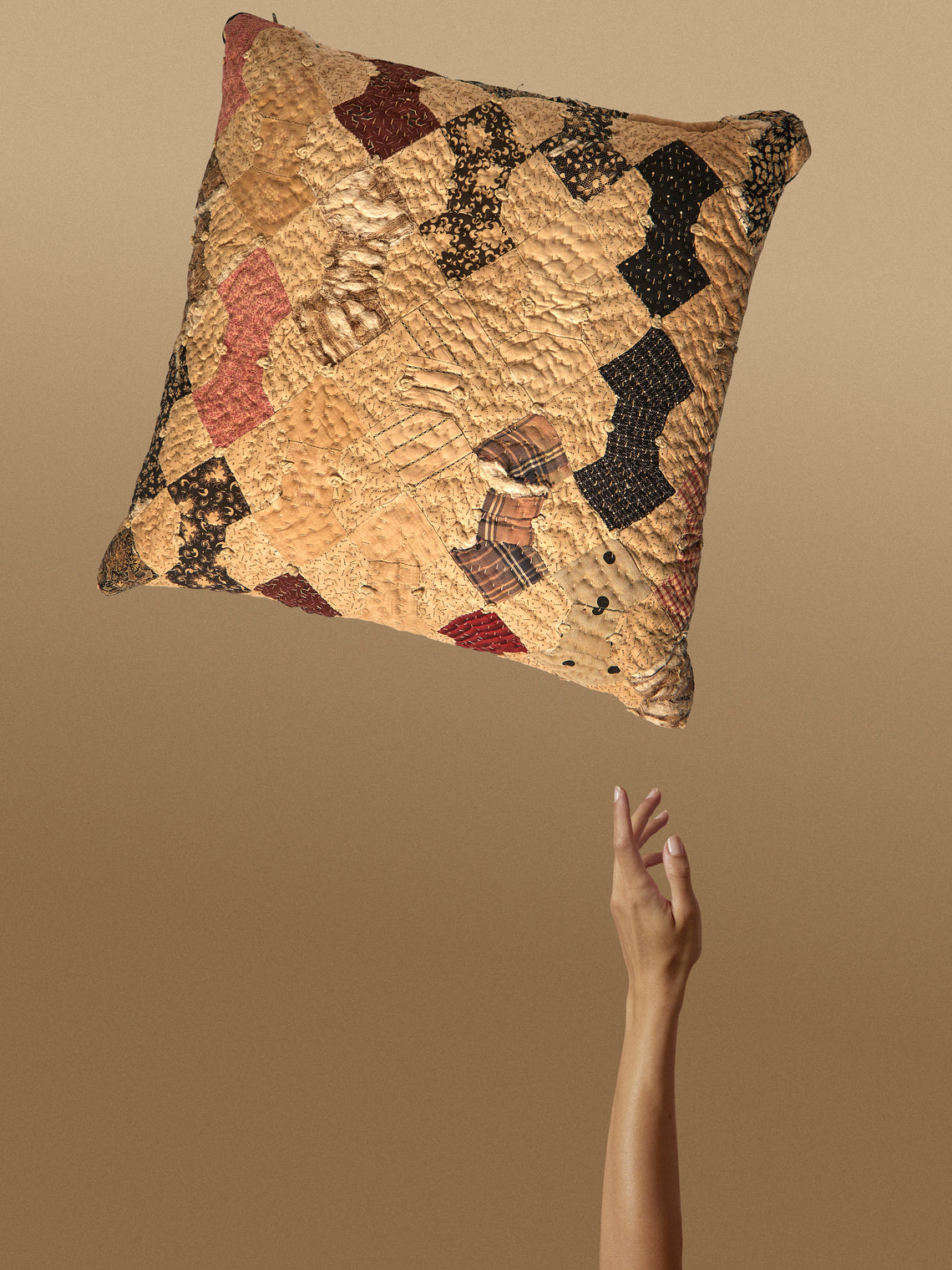 By Walid - 19th-Century Victorian Silk Patchwork Linen Cushion (21in/54cm) - Multiple - ABASK