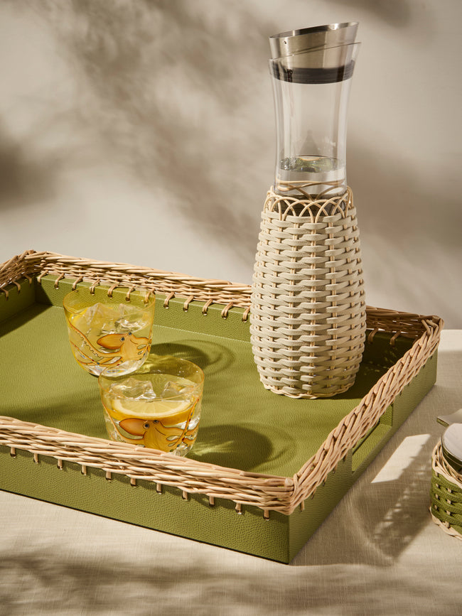 Pigment France - Giverny Leather and Rattan Tray (19in/49cm) - Green - ABASK