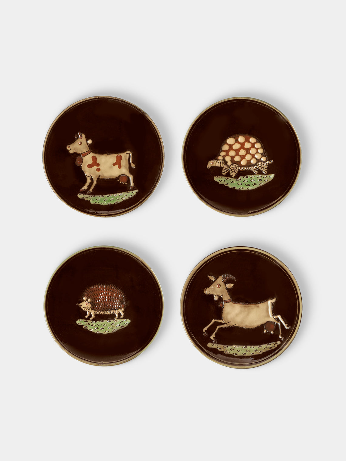 Poterie d’Évires - Animals Hand-Painted Ceramic Plates – 5.5in/14cm (Set of 4) - Dark Brown - ABASK - 