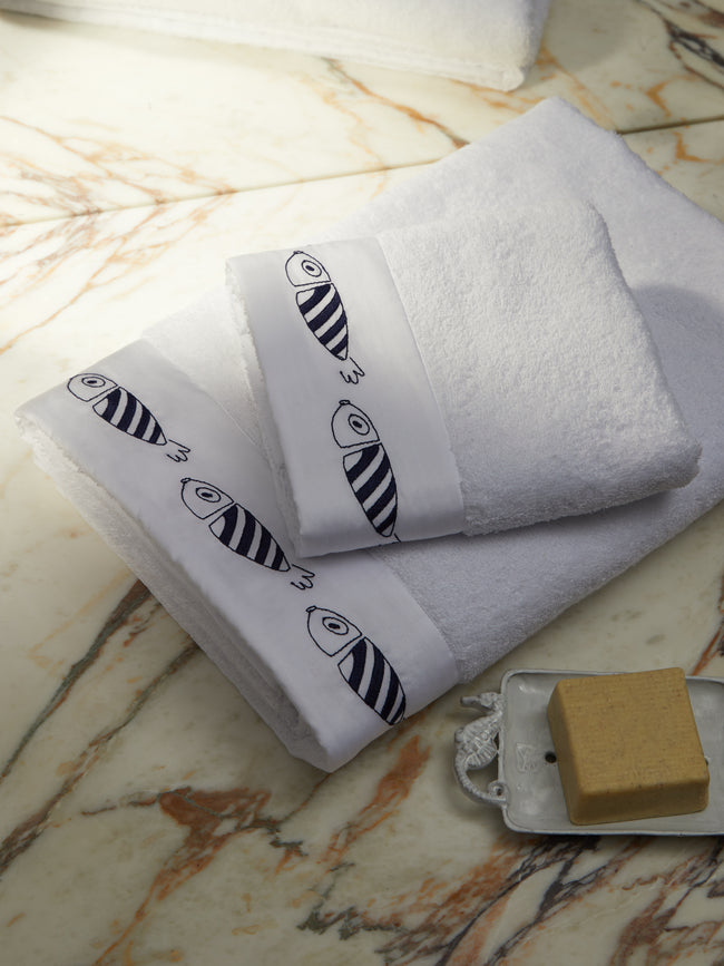 Loretta Caponi - Striped Fish Hand-Embroidered Cotton Hand Towel -  - ABASK