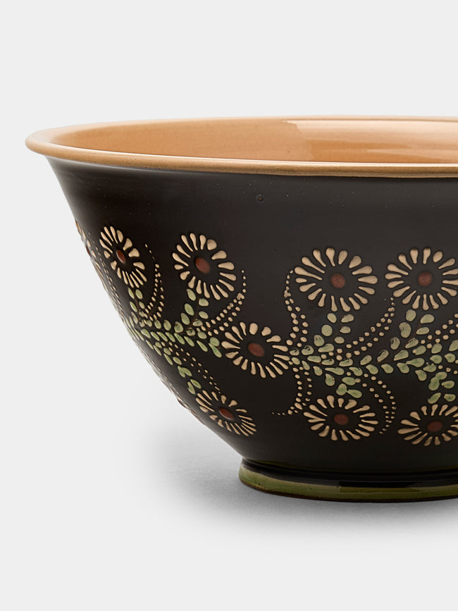 Poterie d’Évires - Flowers Hand-Painted Ceramic Large Serving Bowl - Dark brown - ABASK