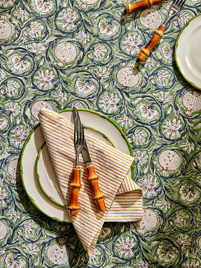 Chamois - Tangier Pomegranate Block-Printed Cotton Large Round Tablecloth - Green - ABASK