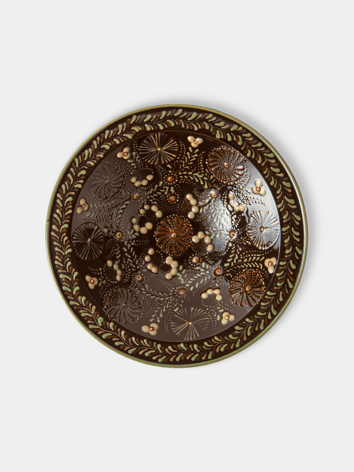 Poterie d’Évires - Flowers Hand-Painted Ceramic Small Serving Bowl - Dark Brown - ABASK