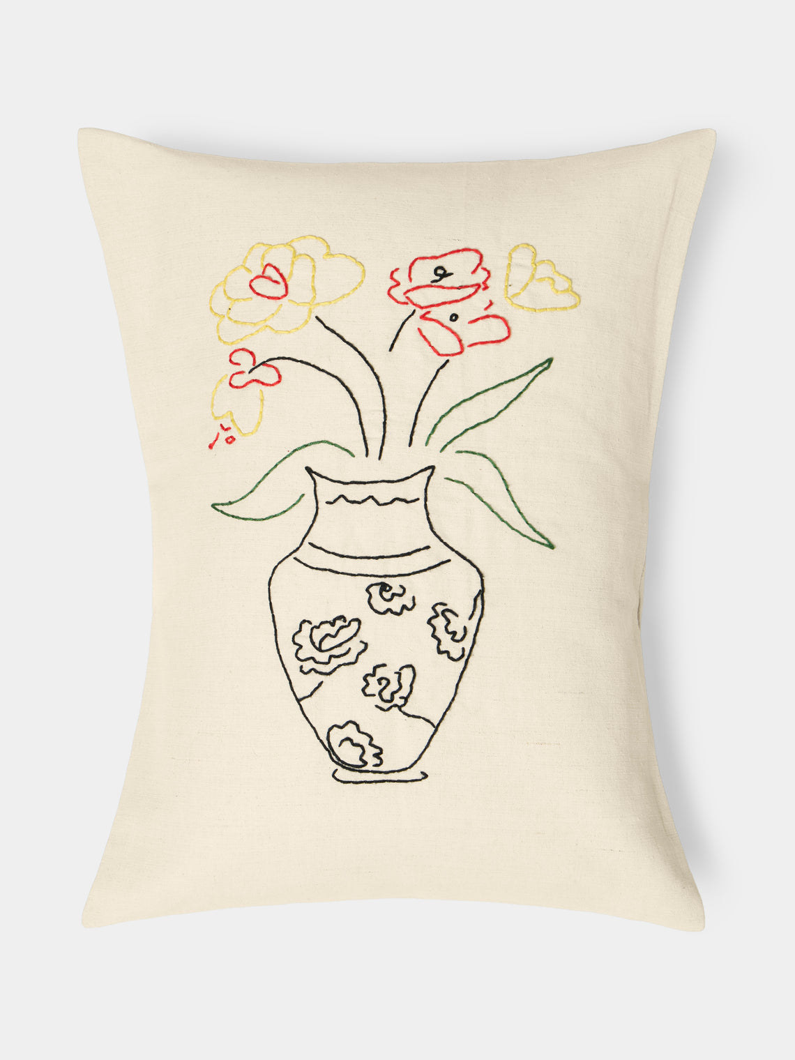 Oeuvres Sensibles - Vase Hand-Embroidered Cotton and Hemp Linen Cushion (15.5in/40cm) - Cream - ABASK - 