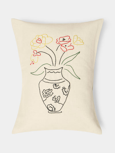 Oeuvres Sensibles - Vase Hand-Embroidered Cotton and Hemp Linen Cushion (15.5in/40cm) - Cream - ABASK - 